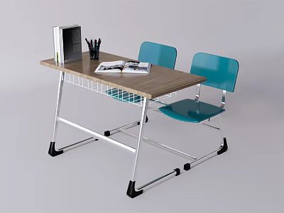 Study Desk With Two Blue Chairs Folder Pen Holder And Open Book On Top 3d model