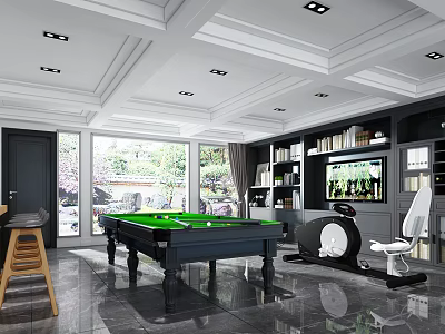 Modern Entertainment Room With Pool Table Exercise Equipment Bookshelves TV And Large Windows 3d model