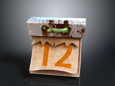 Household Calendar with Rusted Metal Top Green Clip Brown Paper Orange Number 12 Torn Edges 3d model
