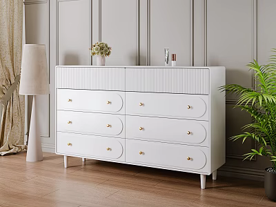 Modern White Dresser With Golden Handles Multiple Drawers Gray Wall Floor Lamp And Green Plant 3d model