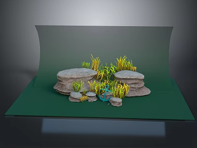 Natural Wood and Stone Decorative Display With Green Yellow Plants and Gray Backdrop 3d model