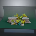 Natural Wood and Stone Decorative Display With Green Yellow Plants and Gray Backdrop
