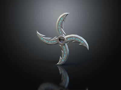 Ornate Shuriken Weapon With Metallic Three Blades Blue Gemstone Accents And Central Black Circle 3d model