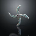 Ornate Shuriken Weapon With Metallic Three Blades Blue Gemstone Accents And Central Black Circle