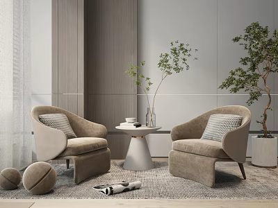 Leisure Sofa Set With Beige Accent Chairs Round Side Table Green Plants And Decorative Balls 3d model