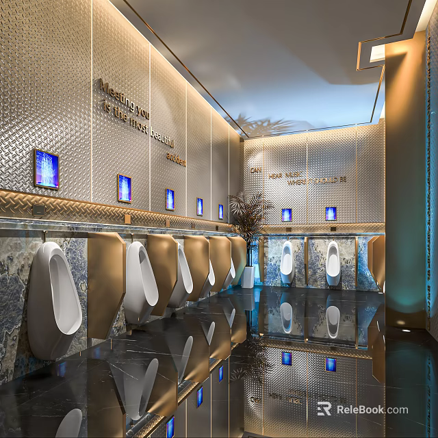Modern Public Restroom With Urinals Metal Walls Mirrored Floors And Lighting Effects 3d model 