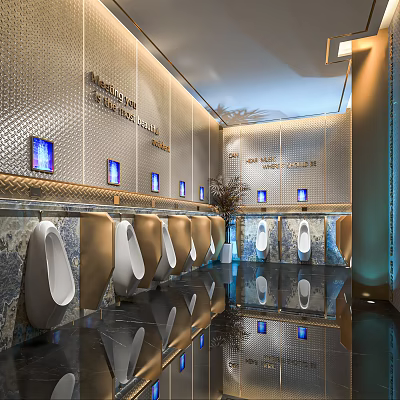 Modern Public Restroom With Urinals Metal Walls Mirrored Floors And Lighting Effects 3d model