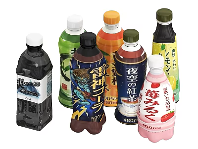 Assorted Colorful Beverage Bottles Featuring Various Flavors And Distinct Labels 3d model