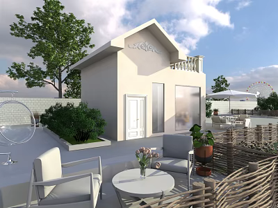 White Exterior Guesthouse Building With Terrace Outdoor Furniture And Plants Under Clear Sky 3d model