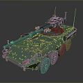 Green Wheeled Military Tank with Detailed Turret Antennas and Armored Side Equipment
