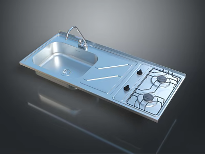 Stainless Steel Kitchen Sink With Faucet And Integrated Gas Hob Design 3d model