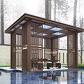 Chinese Style Pavilion in Garden with Pool Trees and Traditional Table Stools