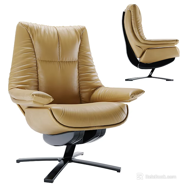 Tan Leather Office Chair with Plush Backrest Armrests and Swivel Black Metal Frame 3d model 