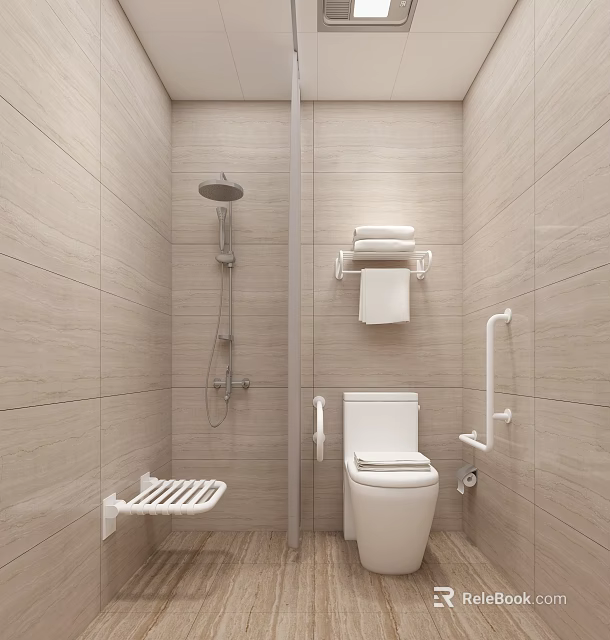 Accessible Public Toilet With Handrails Tiled Walls And Towel Rack 3d model 