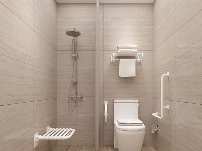 Accessible Public Toilet With Handrails Tiled Walls And Towel Rack 3d model