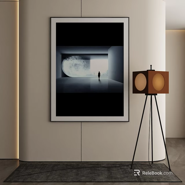 Black And White Painting Featuring Human Figure Luminous Circle Near Tripod Floor Lamp Modern Interior 3d model 
