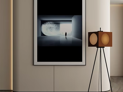 Black And White Painting Featuring Human Figure Luminous Circle Near Tripod Floor Lamp Modern Interior 3d model