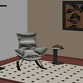 Light Colored Armchair With Floor Lamp Small Table Checkered Rug And Decorative Painting