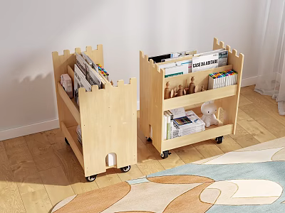 Wooden Castle Shaped Bookcase for Children with Wheels and Storage for Books Toys 3d model