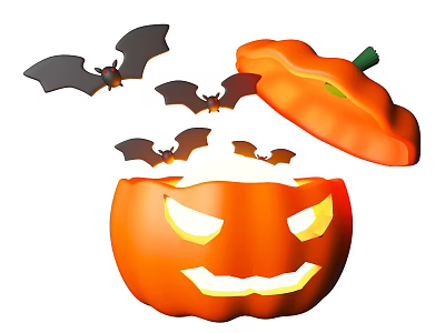 Halloween Jack O Lantern With Open Lid And Glowing Face Surrounded By Bats 3d model