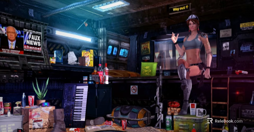 Industrial SciFi Room Interior With Hanging Posters And Decorative Wall Hangings 3d model 