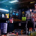 Industrial SciFi Room Interior With Hanging Posters And Decorative Wall Hangings
