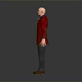 Bald Man Wearing Red Coat Blue Shirt Yellow Tie Blue Jeans And Brown Shoes