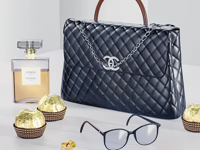 Chanel Quilted Black Bag With Chain CC Logo Perfume Chocolates Eyeglasses 3d model