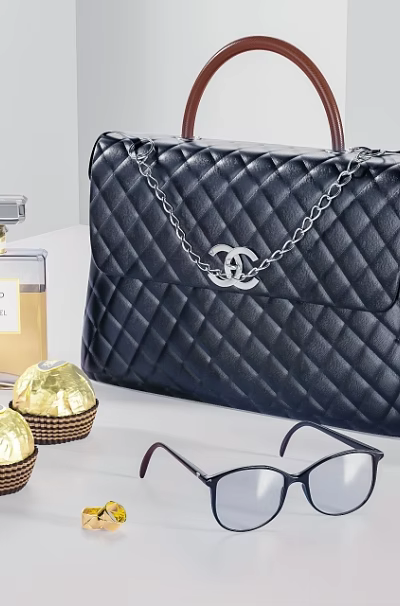 Chanel Quilted Black Bag With Chain CC Logo Perfume Chocolates Eyeglasses 3d model