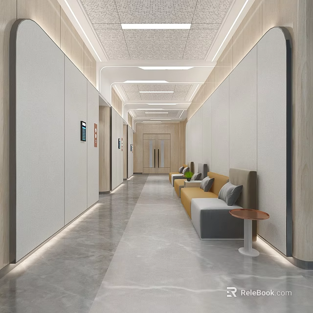 Modern Elevator Lobby Interior Design With Light Colored Walls Sofas And Recessed Lighting 3d model 