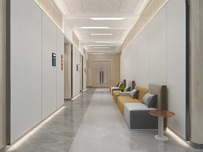 Modern Elevator Lobby Interior Design With Light Colored Walls Sofas And Recessed Lighting 3d model