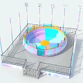 Colorful Crazy Disco Amusement Ride With Circular Platform Safety Railings And Surrounding Colorful Pillars