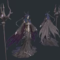 Fantasy Woman Character with Purple and Gray Wings Elegant Robe and Ornate Staff Design