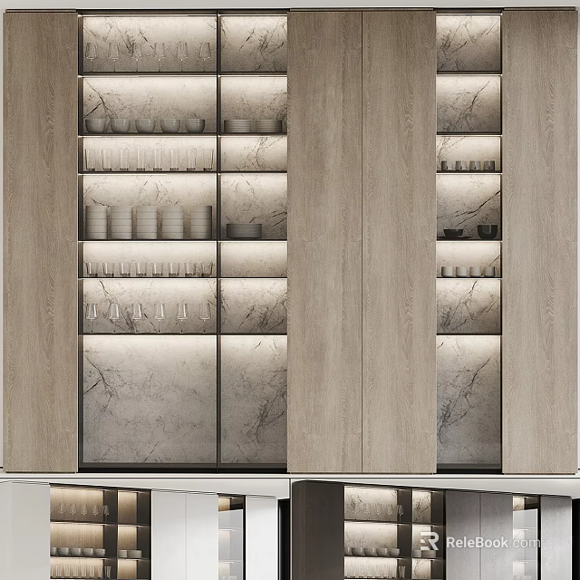 Modern Wooden Display Cabinet With Marble Accents Built In Lighting And Open Shelves 3d model 