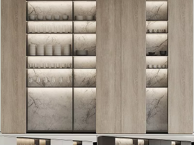 Modern Wooden Display Cabinet With Marble Accents Built In Lighting And Open Shelves 3d model