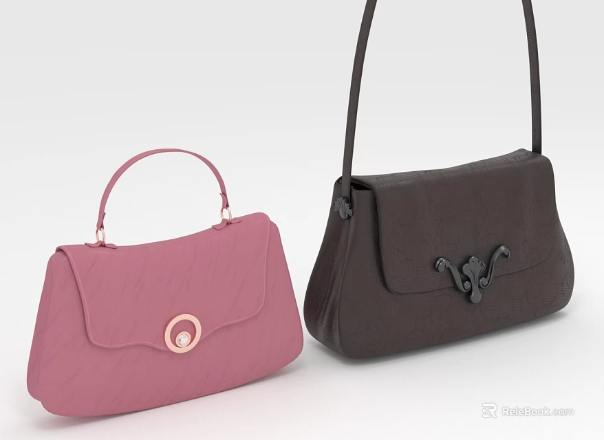 Pink And Dark Brown Handbags With Metal Clasps Top Handle And Long Shoulder Strap 3d model 