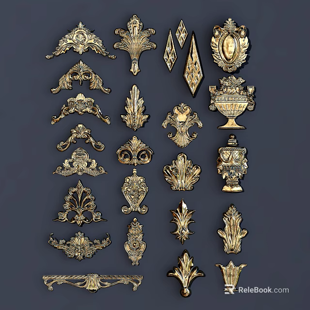 Intricate Golden Carved Ornaments For Furniture And Architectural Decor With Detailed Floral And Geometric Designs 3d model 