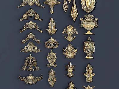 Intricate Golden Carved Ornaments For Furniture And Architectural Decor With Detailed Floral And Geometric Designs 3d model