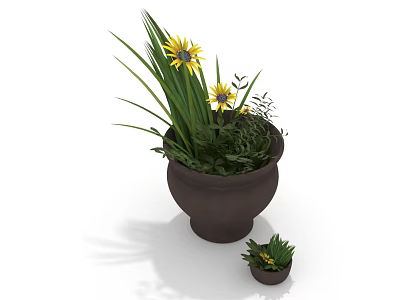 Brown Flower Vase With Yellow Flowers Green Leaves And Small Potted Plant 3d model