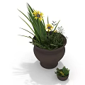 Brown Flower Vase With Yellow Flowers Green Leaves And Small Potted Plant