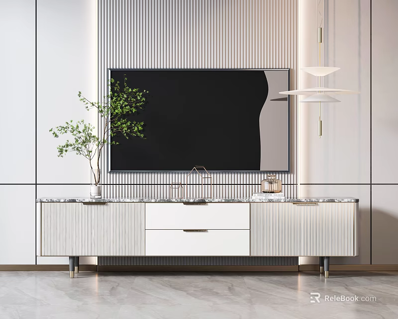 Modern White Ribbed TV Stand With Drawer TV Plant And Pendant Light 3d model 