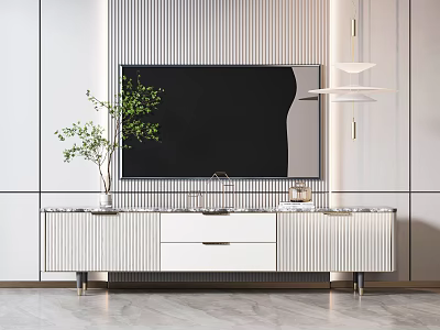 Modern White Ribbed TV Stand With Drawer TV Plant And Pendant Light 3d model