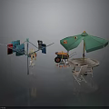 Outdoor Backyard Setup With Clothesline Umbrella Table And Garden Tools