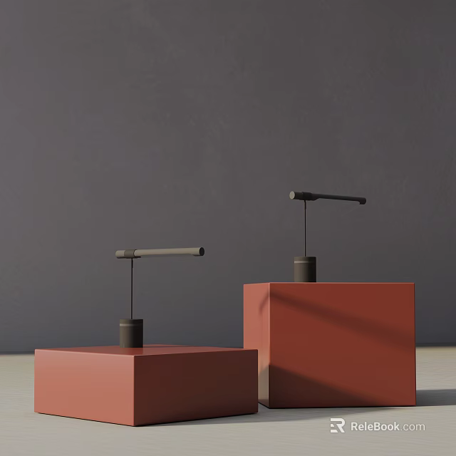 Two Minimalist Table Lamps Placed on Red Cube Bases Against Dark Gray Wall 3d model 