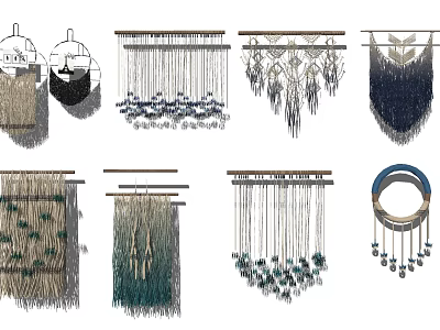 Various Handmade Macrame Wall Hangings With Colorful Tassels And Bohemian Design 3d model