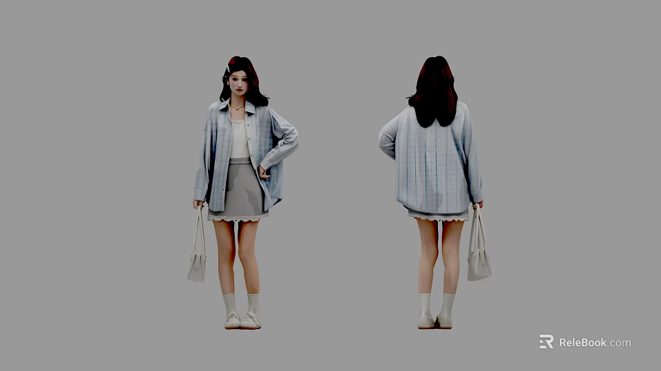 Stylish Woman In Light Blue Shirt And Gray Skirt With Beige Handbag Front Back View 3d model 