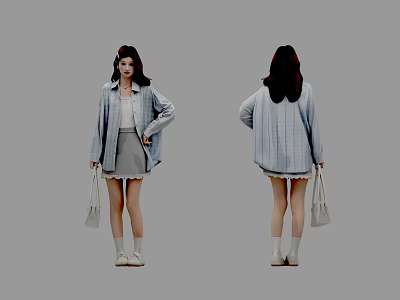 Stylish Woman In Light Blue Shirt And Gray Skirt With Beige Handbag Front Back View 3d model
