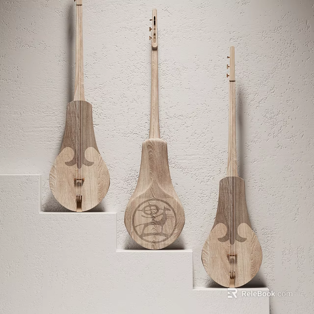 Wooden Musical Instruments and Art Supplies with Various Designs Hanging on Interior Wall 3d model 
