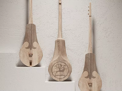 Wooden Musical Instruments and Art Supplies with Various Designs Hanging on Interior Wall 3d model