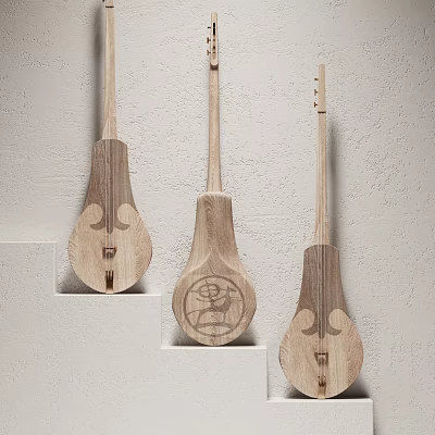 Wooden Musical Instruments and Art Supplies with Various Designs Hanging on Interior Wall 3d model